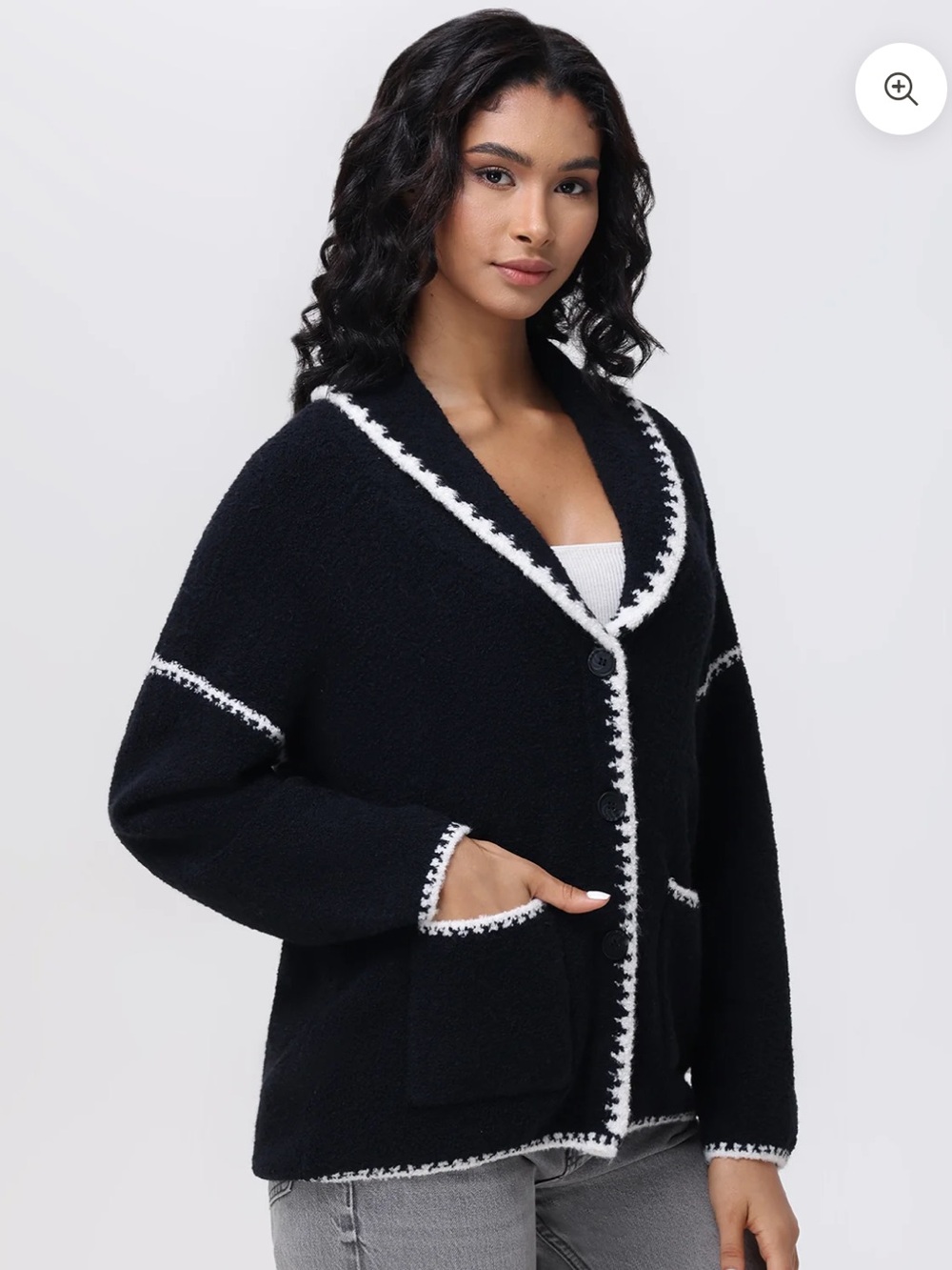 525 America Black Bouclé Cardigan with White Trim
